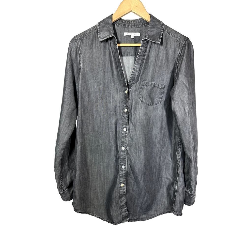 FOXCROFT Women's Button Front Chambray Long Sleeve Pocket Shirt Black Size 8